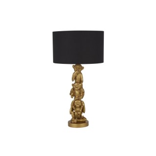 Lampe à poser thème animal Singe, résine doré et Abatjour Tissu Noir E27 max 60w Diam 28cm Haut 52cm 3 WISE MONKEYS