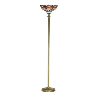 Lampadaire Laiton antique, verre multicolore TIFFANY E27 max 60w Diam 34cm Haut 173cm DRAGONFLY