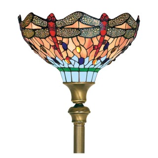 Lampadaire Laiton antique, verre multicolore TIFFANY E27 max 60w Diam 34cm Haut 173cm DRAGONFLY