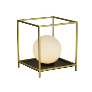 Lampe à poser Boite Cube Metal Doré Boule verre opale G9 Max 33w Haut 20.5cm Larg 18cm BLOCK 1LT