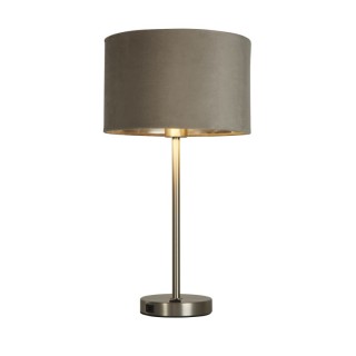 Lampe à poser Satin Nickel av prise USB, Abatjour velours Taupe interieur argent E27 max 60w Haut 54cm Diam 28cm FINN 1LT