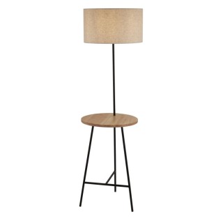 Lampadaire table étagère Metal noir, bois, Abatjour Lin Blanc E27 60w Haut 155cm Diam 45cm WASHINGTON