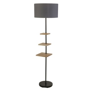 Lampadaire 3 etageres, metal Noir, bois, Abatjour tissu Gris E27 60w Haut 163cm Diam 45cm NORFOLK