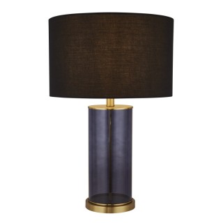 Lampe à poser pied Base Laiton, verre Bleu, Abatjour tissu Noir E27 max 60w, Haut 53cm Diam 38cm LIBERTY