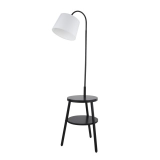 Lampadaire table étagère, metal noir, bois et abatjour tissu Blanc, E27 max 60w Haut 166cm Diam 50cm RIDGE