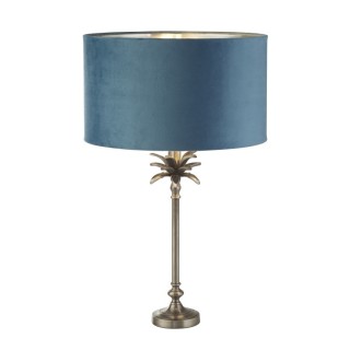 Lampe à poser metal nickel antique et abatjour velour Bleu vert sarcelle, argent Interieur E27 max 60w Haut 65cm Diam 38cm PALM 