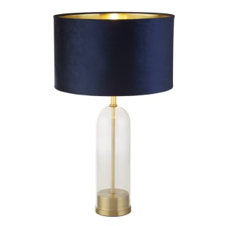 Lampe à poser Pied verre base laiton satine, Abatjour velours Bleu marine interieur doré, E27 60w max, Haut 51cm Diam 18cm OXFOR