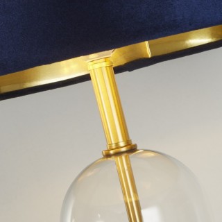 Lampe à poser Pied verre base laiton satine, Abatjour velours Bleu marine interieur doré, E27 60w max, Haut 51cm Diam 18cm OXFOR