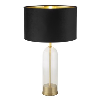 Lampe à poser Pied verre base laiton satine, Abatjour velours Noir interieur doré, E27 60w max, Haut 51cm Diam 18cm OXFORD