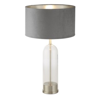 Lampe à poser Pied verre Nickel satine, Abatjour velours Gris interieur argent, E27 60w max Haut 51cm Diam 38cm OXFORD