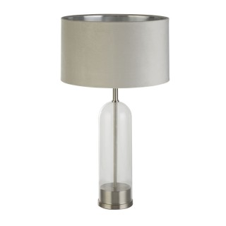 Lampe à poser Pied verre Nickel satine, Abatjour velours Gris interieur argent, E27 60w max Haut 51cm Diam 38cm OXFORD