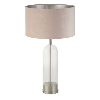 Lampe à poser Pied verre Nickel satine, Abatjour velours Rosé interieur argent, E27 60w max Haut 51cm Diam 38cm OXFORD