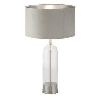 Lampe à poser Pied verre Nickel satine, Abatjour velours Taupe interieur argent, E27 60w max Haut 51cm Diam 38cm OXFORD