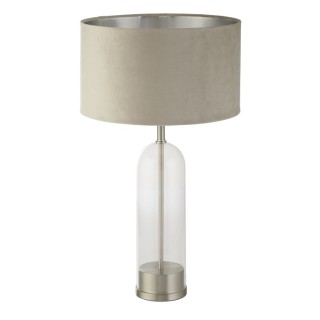 Lampe à poser Pied verre Nickel satine, Abatjour velours Taupe interieur argent, E27 60w max Haut 51cm Diam 38cm OXFORD