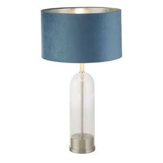 Lampe à poser Pied verre Nickel satine, Abatjour velours Bleu interieur argent, E27 60w max Haut 51cm Diam 38cm OXFORD