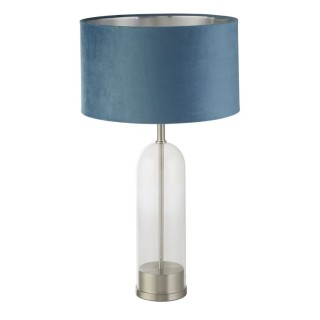 Lampe à poser Pied verre Nickel satine, Abatjour velours Bleu interieur argent, E27 60w max Haut 51cm Diam 38cm OXFORD