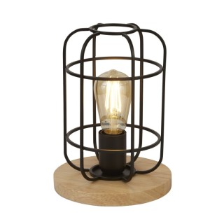 Lampe à poser metal Noir Mat avec bois E27 max 60w Haut 25cm Diam 18cm VISION 1LT CAGE