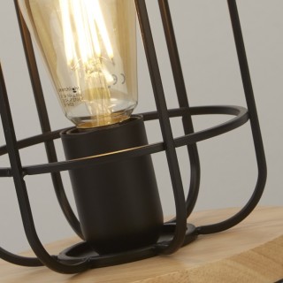 Lampe à poser metal Noir Mat avec bois E27 max 60w Haut 25cm Diam 18cm VISION 1LT CAGE