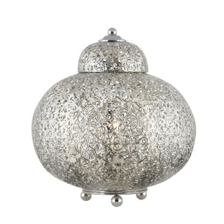 Lampe à poser metal decoupe laser, nickel brillant Style Marocaine E27 60w Haut 29cm Diam 26cm FRETWORK  1LT