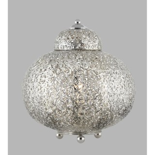 Lampe à poser metal decoupe laser, nickel brillant Style Marocaine E27 60w Haut 29cm Diam 26cm FRETWORK  1LT