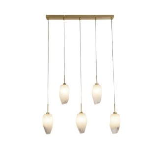 Suspension barre 5L Metal laiton satiné, verre blanc Givré, G9 max 5x33w Long 78cm Haut 120cm ROCKY