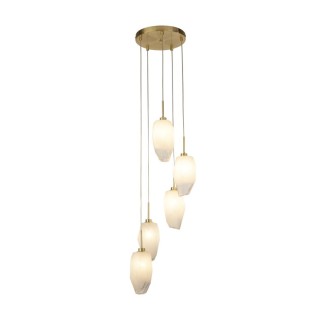 Suspension Plaf Rond Metal laiton satiné, verre blanc Givré, G9 max 5x33w Diam 32cm Haut 120cm ROCKY