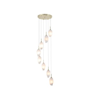 Suspension Plaf Rond Metal laiton satiné, verre blanc Givré, G9 max 8x33w Diam 32cm Haut 120cm ROCKY