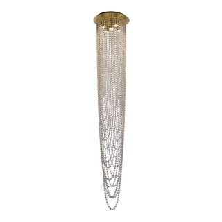 Plafonnier lustre metal laiton satine et cristal clair, GU10 5x50w max, Diam 35cm Haut 1m80 SWOOP 5Lt