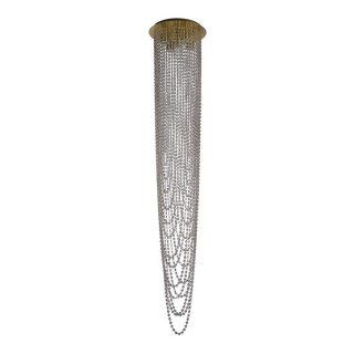 Plafonnier lustre metal laiton satine et cristal clair, GU10 5x50w max, Diam 35cm Haut 1m80 SWOOP 5Lt