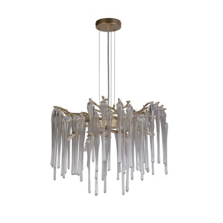 Lustre 5L Convertible Plaf Métal Doré mat, goutte de verre G9 5x33w Max CL1 diam50cm haut 1m HERITAGE