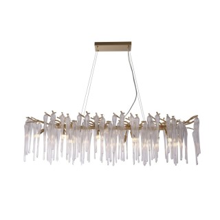 Lustre 10L Métal Doré mat, goutte de verre G9 10x33w Max CL1 Lg 117cm haut 1m50 HERITAGE