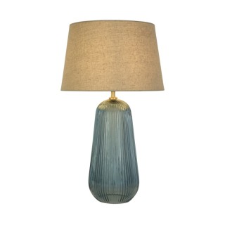 Lampe à poser Verre recyclé Bleu strié, laiton satine, abat jour Lin naturel E27 60w max Haut 54cm Diam 32cm CAMEO