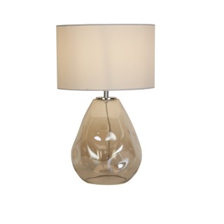 Lampe à poser pied verre ambré martelé, douille laiton, abatjour tissu blanc blanc E27 max 60w Haut 45cm Diam 28cm DEVON