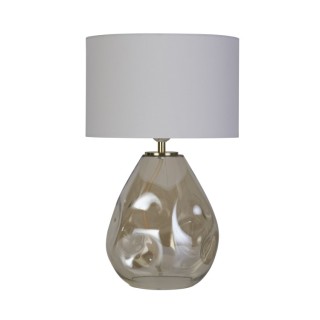 Lampe à poser pied verre ambré martelé, douille laiton, abatjour tissu blanc blanc E27 max 60w Haut 45cm Diam 28cm DEVON