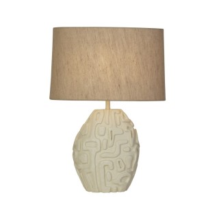 Lampe à poser Résine crème dessin relief, Abatjour tissu lin avoine E27 max 60w Haut 60cm Diam 42cm ADELAIDE 1LT