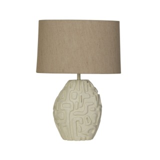 Lampe à poser Résine crème dessin relief, Abatjour tissu lin avoine E27 max 60w Haut 60cm Diam 42cm ADELAIDE 1LT