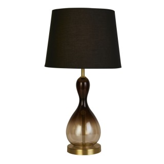 Lampe à poser pied Verre teinté fumé noir, métal laiton satine, abatjour lin noir E27 max 60w Haut 67cm Diam 20cm MARAKESH