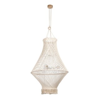 Suspension en Bois de Chêne Huilé et Macramé couleur Crème ,3xE27 Max.15W Led,REVE,18137374