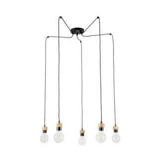 Suspension en Métal Noir et Bois de Chêne Huilé ,5xE27 Max.60W,CLARTE SPIDER,3491504