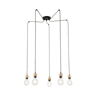 Suspension en Métal Noir et Bois de Chêne Huilé ,5xE27 Max.60W,CLARTE SPIDER,3491504