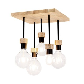 Plafonnier en Bois de Chêne Huilé et Métal Noir ,5xE27 Max.40W,CHANDELLE,8424574