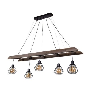 Suspension en Métal Noir et Bois de Pin teinté Noyer,5xE27 Max.60W,ESKALO,7229556