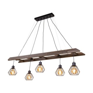 Suspension en Métal Noir et Bois de Pin teinté Noyer,5xE27 Max.60W,ESKALO,7229556