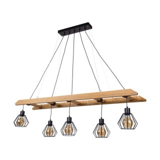 Suspension en Bois de Pin teinté Brun et Métal Noir,5xE27 Max.60W,ESKALO,7229551