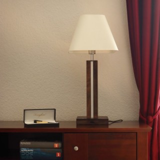 Lampe de Table Bois Hêtre couleur Noyer Tissu Blanc variateur tactile,1xE27 Max.25W, 2xLED 24V Intégrée 10,5W,QUAD,7451976